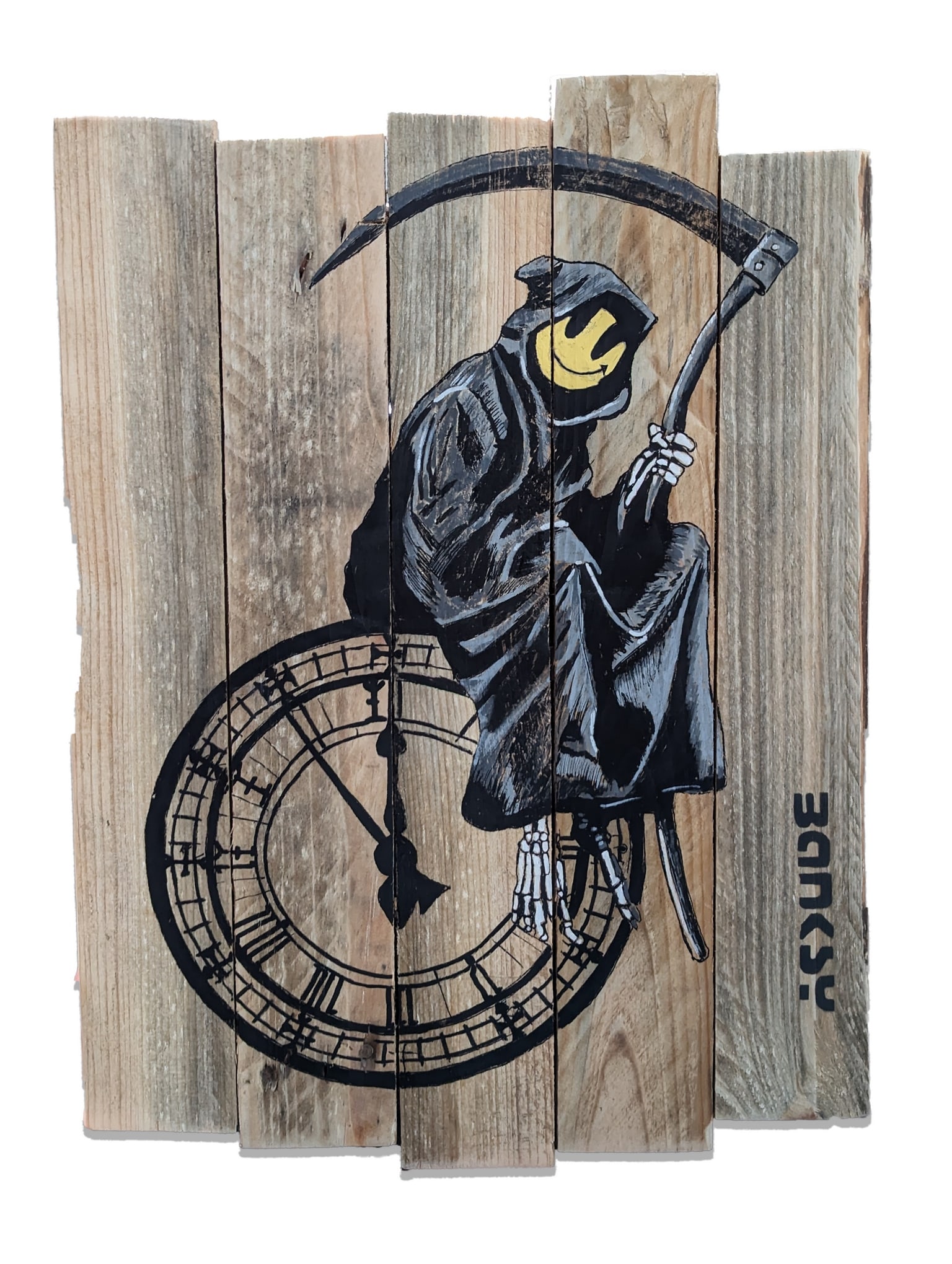 DISMALAND Mower: DISMALAND Mower Pochoir sur bois, aérosol acrylique Oeuvre unique, signé et porte le cachet Dismaland au dos 34 x 47 cm environ