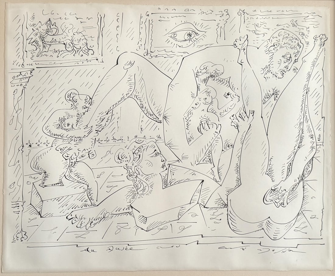 André MASSON (1896-1987).: André MASSON (1896-1987). « Groupe d'un musée secret ».1970. Dessin original à l'encre de Chine sur papier. Signé « André Masson » en bas à droite. Di