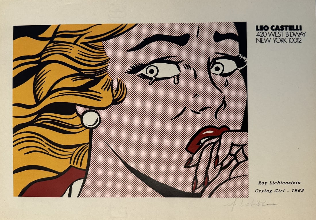 Roy LICHTENSTEIN (1923-1997), d'après.: Roy LICHTENSTEIN (1923-1997), d'après. Crying Girl .1963. Sérigraphie offset sur un papier à entête de la galerie Leo Castelli, New York. Signé en bas à droite. Porte au