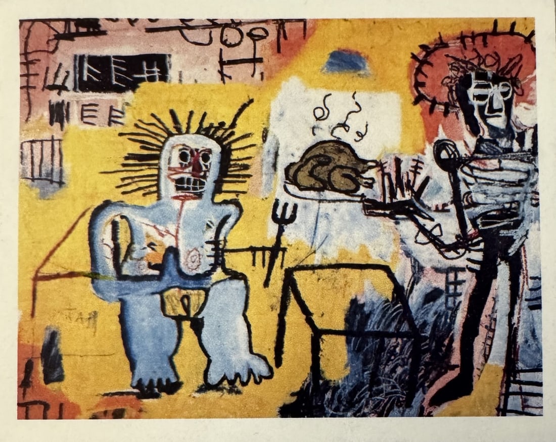 Jean-Michel BASQUIAT (1960-1988), D’Après.: Jean-Michel BASQUIAT (1960-1988), D’Après. Sans titre,1982 Carte postale illustré d’un tableau de J-M Basquiat, signée au marqueur. Annina Nosei Gallery : New-York, 1982. 10