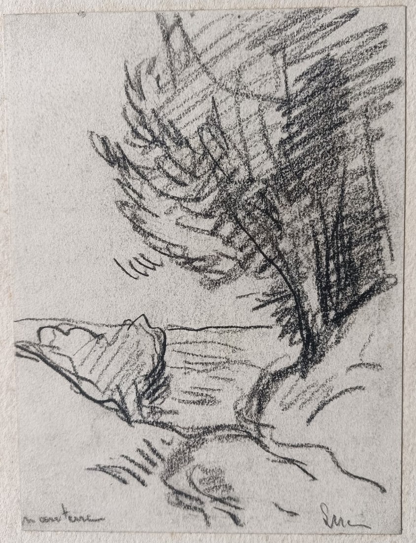 Maximilien LUCE (1858-1941) « Paysage à Nanterre ».: Maximilien LUCE (1858-1941) « Paysage à Nanterre ». Dessin au crayon gras contrecollé sur carton. Signé en bas à droite « Luce ». 15,5 x 11,5 cm. Non encadr