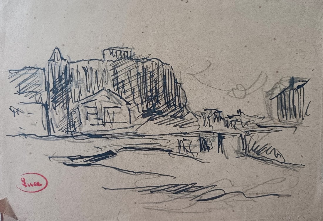 Maximilien LUCE (1858-1941) « Paysage »: Maximilien LUCE (1858-1941) « Paysage » Dessin à l'encre et au crayon sur papier. Cachet « Luce » en bas à gauche 10,7 x 15,5 cm (quelques petites déchirures sur les