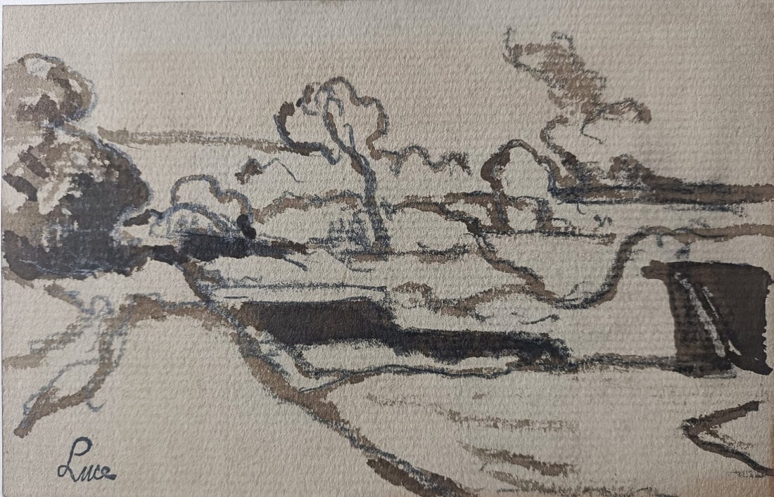 Maximilien LUCE (1858-1941) « Paysage »: Maximilien LUCE (1858-1941) « Paysage » Dessin à l’encre et lavis d'encre sur papier. Cachet « Luce » en bas à gauche. 12 x 18,4 cm. Non encadré.