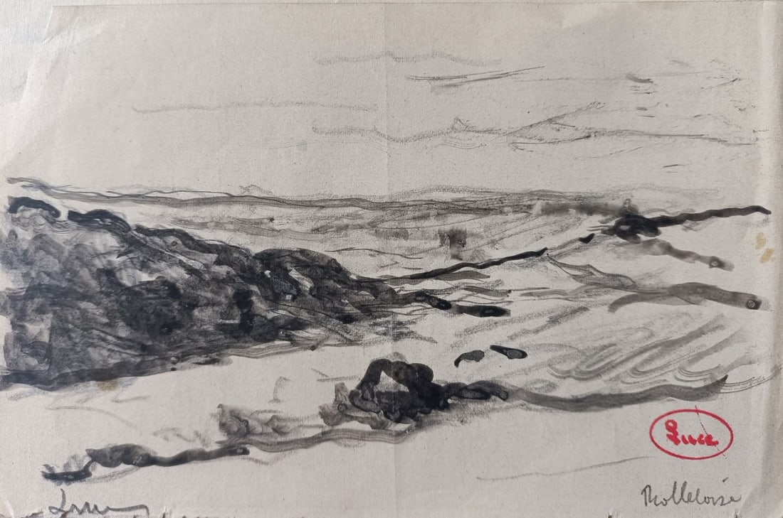 Maximilien LUCE (1858-1941) « Rolleboise »: Maximilien LUCE (1858-1941) « Rolleboise » Dessin au lavis d'encre sur papier. Cachet « Luce » en bas à droite. 9,5 x 14,7 cm (Accidents et manques) Non encadré.