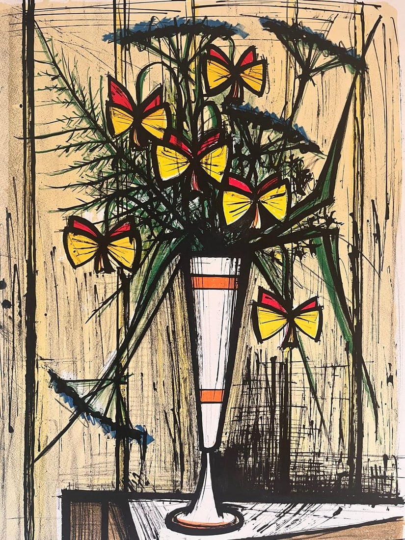 Bernard BUFFET (1928-1999) Les fleurs papillons,1970.: Bernard BUFFET (1928-1999) Les fleurs papillons,1970. Lithographie offset en couleurs sur vélin. Signée et numérotée sur 195 exemplaires (plus XXV E.A). 66 x 48 cm. Offset lithogra