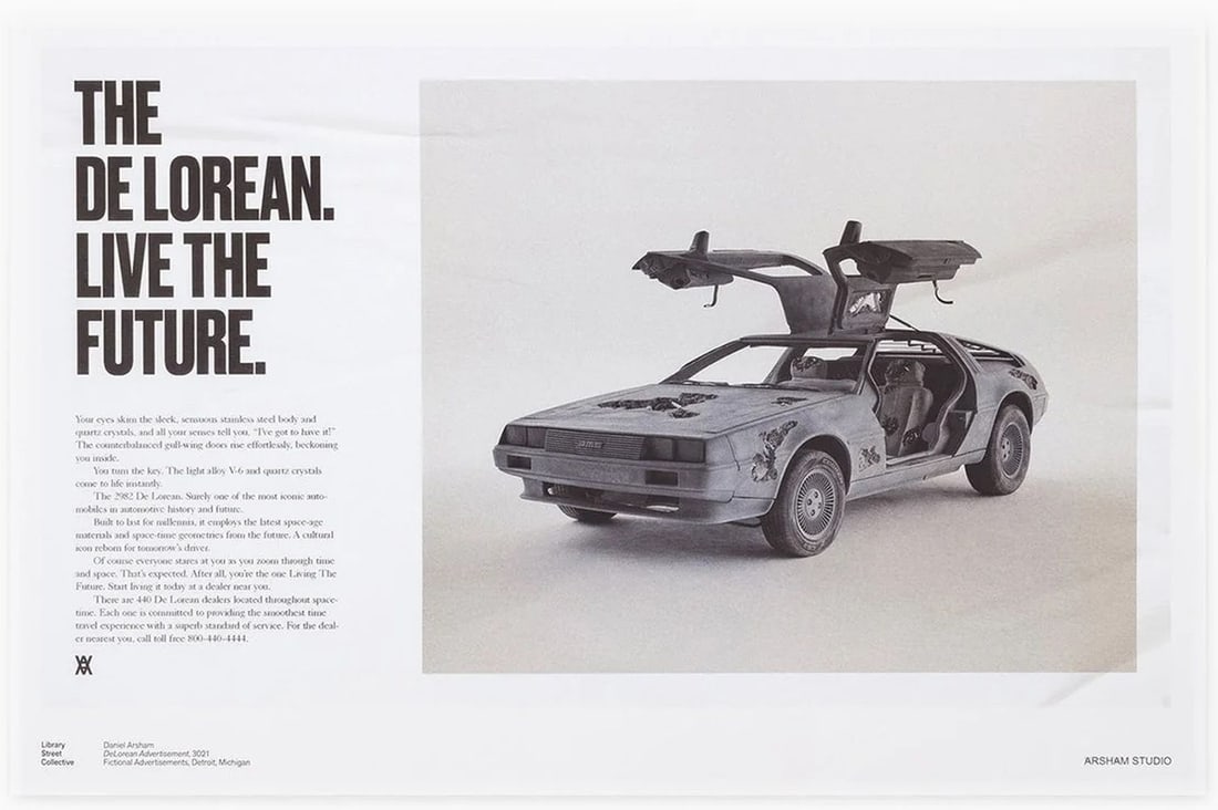 Daniel Arsham - Delorian Poster, 2023: Daniel Arsham - Delorian Poster, 2023Offset print on paper. Very good condition, 61 x 91.5 cmImpression offset sur papier. Très bon état, 61 x 91,5 cm