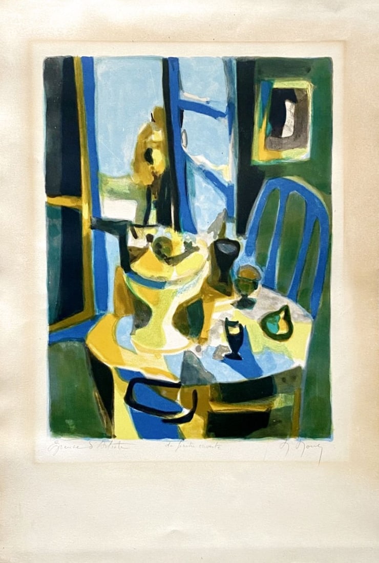 Marcel Mouly - La fenêtre ouverte: Marcel MOULY (1918-2008) - La fenêtre ouverte.Lithographie originale sur papier vélin, signée au crayon et justifiée "Epreuve d'artiste". Papier jauni, traces de cadre, 56,5 x 38 c