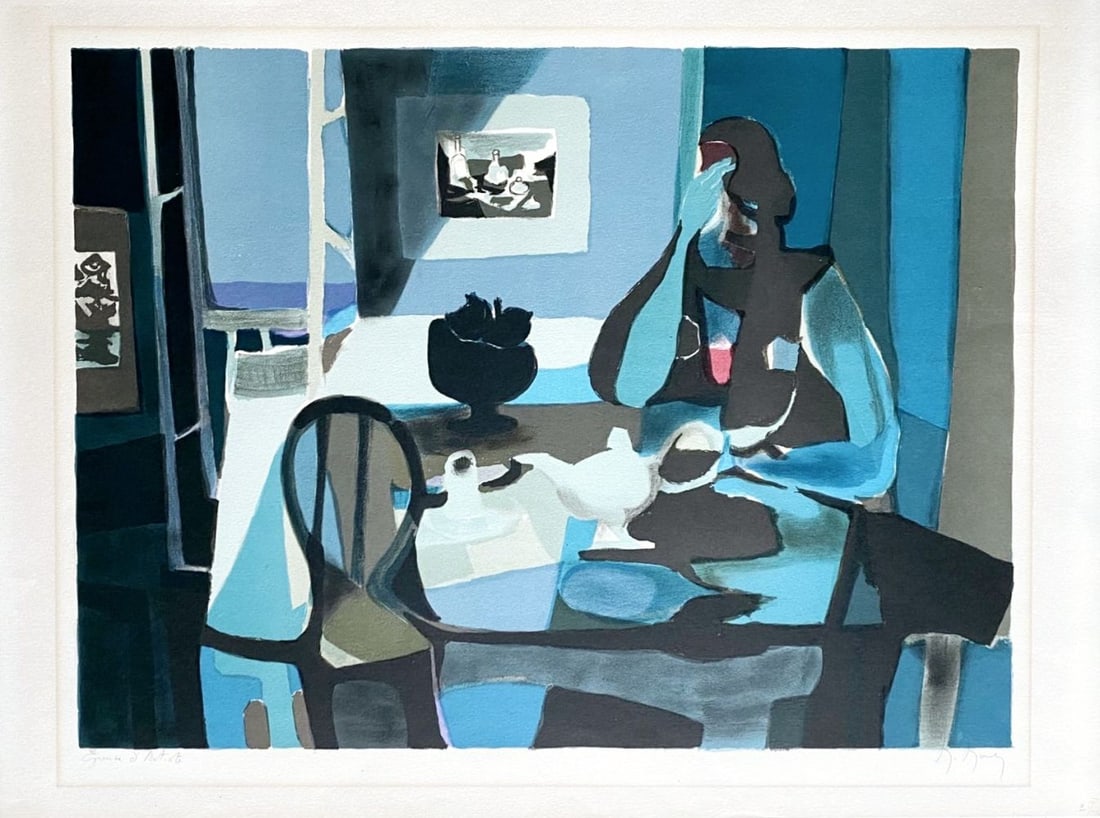 Marcel Mouly - Intérieur: Marcel MOULY (1918-2008) - Intérieur.Lithographie originale sur papier vélin, signée au crayon et justifiée "Epreuve d'artiste". Papier jauni, traces de cadre, 54,5 x 74,5 cm.Origi