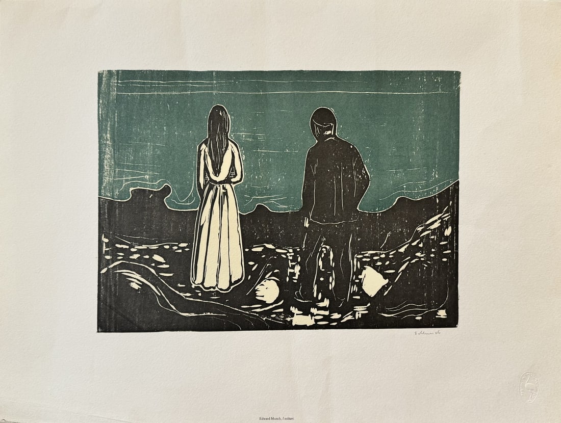 Edvard MUNCH (1863-1944),D’Après. ” Two Human Beings, The Lonely Ones, 1894.: Edvard MUNCH (1863-1944),D’Après. ” Two Human Beings, The Lonely Ones, 1894. Gravure sur bois. Signé en bas à droite au crayon par une autre main. Porte le cachet de l’