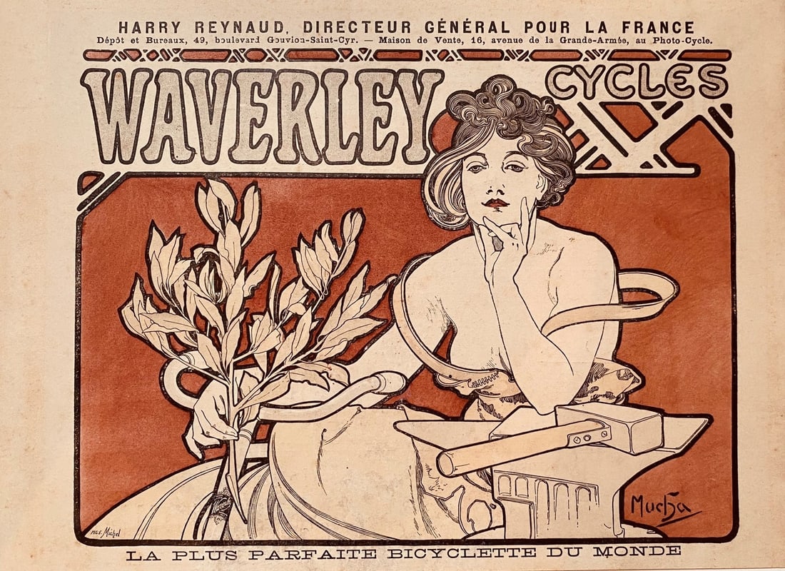 ALPHONSE MUCHA (1860-1939) Waverley Cycles, 1898: ALPHONSE MUCHA (1860-1939) Waverley Cycles, 1898 "La Marque Waverley était une marque américaine d'Indianapolis, elle était représentée en Europe. ' Rennert page 206. Une des
