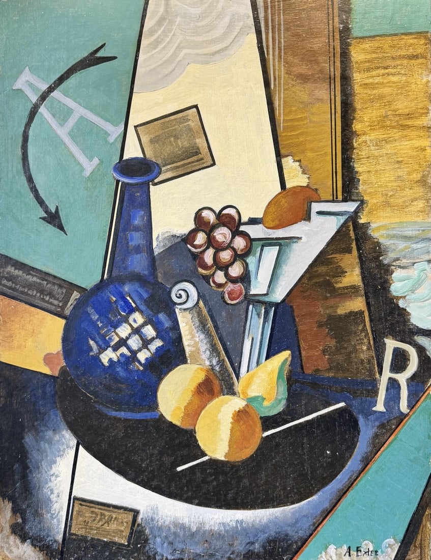 Alexandra EXTER (1882-1949), Attribué à. Composition aux fruits et la bouteille.: Alexandra EXTER (1882-1949), Attribué à. Composition aux fruits et la bouteille. Tempera sur carton, signée en bas à gauche. 47 x 35,2 cm