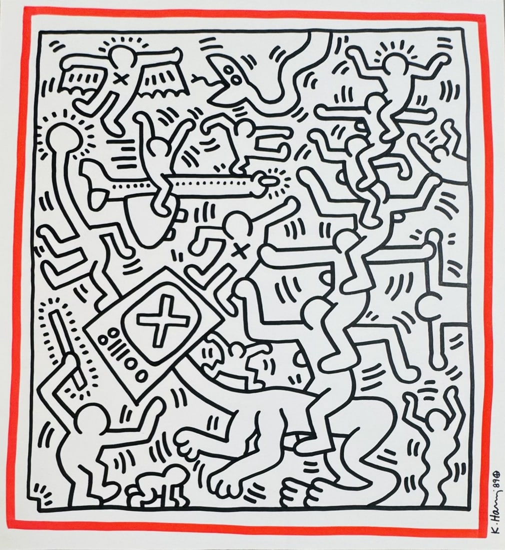 Keith HARING (1958-1990), Attribué à. Sans titre, 1989.: Keith HARING (1958-1990), Attribué à. Sans titre, 1989. Marqueur rouge et noir sur papier, signé en bas à droite. Au dos, porte le cachet ‘The Keith Haring Estate’ sign