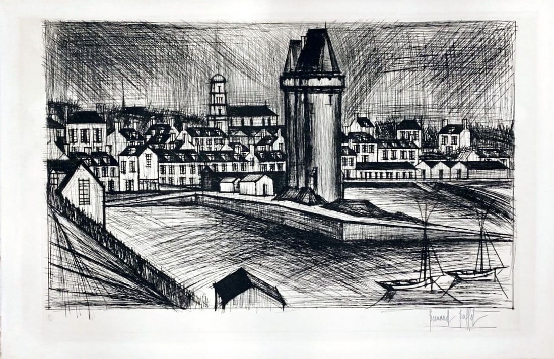 Bernard BUFFET (1928-1999) - La Tour Solidor (The Soldier Tower), 1971.: Bernard BUFFET (1928-1999)- La Tour Solidor (The Soldier Tower), 1971.Pointe sèche originale sur papier, signée au crayon et numérotée 78/120. Réf. : Rheims 73. Bon état,