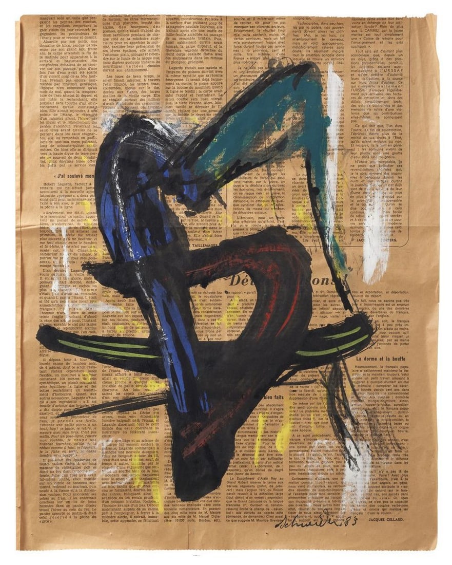 Gérard SCHNEIDER (1896-1986) - Untitled, 1983.: Gérard SCHNEIDER (1896-1986) - Untitled, 1983.Gouache, encre et pastel sur papier journal marouflé sur carton, signée à la main par l'artiste. Livrée avec 14tificat d'authenti