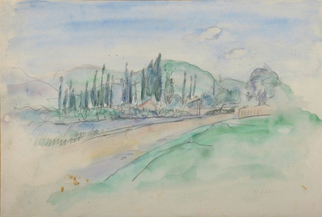 Henri LEBASQUE (1865-1937) Paysage aux cyprès Aquarelle: Henri LEBASQUE (1865-1937) Paysage aux cyprès Aquarelle sur papier, signée en bas à droite 31 x 46 cm