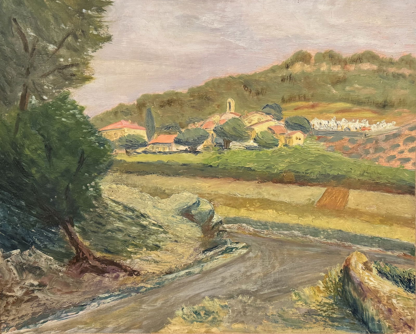 ECOLE DU DEBUT DU XXème SIECLE. Maurice DENIS, à la manière de. Paysage.: ECOLE DU DEBUT DU XXème SIECLE. Maurice DENIS, à la manière de. Paysage. Huile sur carton, non signée. 34 x 42 cm