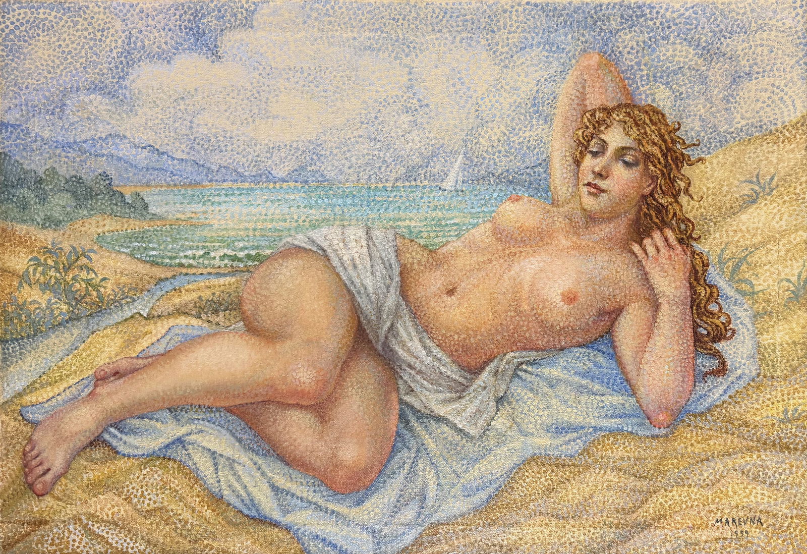 Marie VOROBIEFF MAREVNA (Tcheboksary 1892-Londres 1984) Jeune femme nue allongée, 1939.: Marie VOROBIEFF MAREVNA (Tcheboksary 1892-Londres 1984) Jeune femme nue allongée, 1939. Huile sur toile, signée et datée en bas à droite. 45 x 65 cm