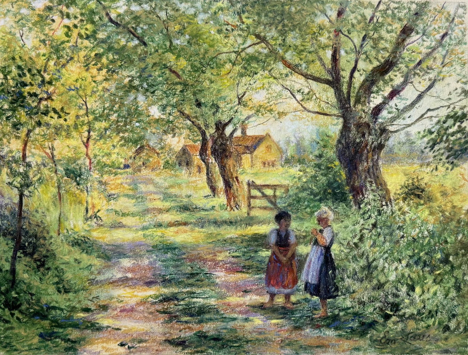 Emile CLAUS (1849-1924) Fillettes sur un chemin de campagne.: Emile CLAUS (1849-1924) Fillettes sur un chemin de campagne. Pastel sur papier, signé en bas à droite. 26,8 x 35,5 cm.