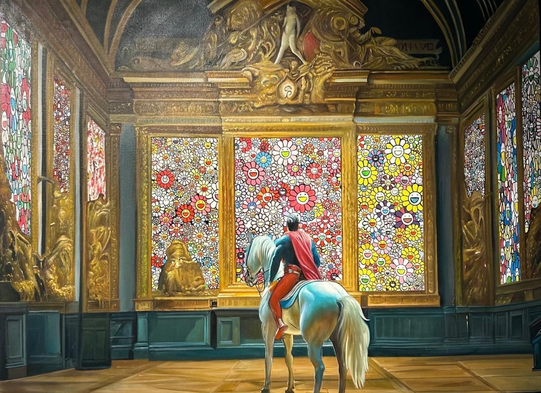 Josh DELO (Né e 1981) Superman at the Museum, 2023.: Josh DELO (Né e 1981) Superman at the Museum, 2023. Acrylique sur toile, signé et datée au dos. 104 x 140 cm