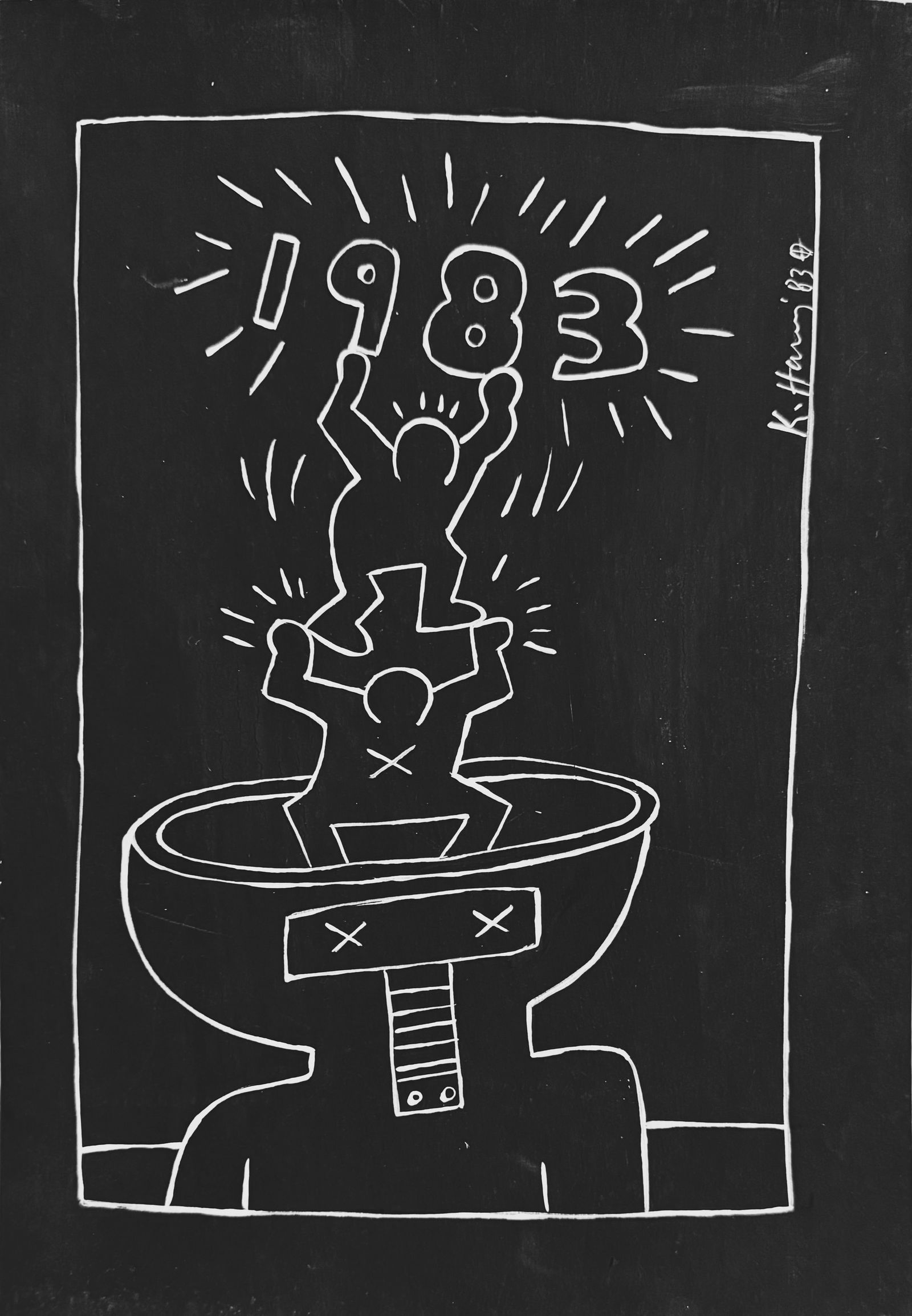 Keith HARING (1958-1990), Attribué à. Sans titre,1983.: Keith HARING (1958-1990), Attribué à. Sans titre,1983. Dessin au marqueur et gouache sur papier, Signé en bas à droite. Porte un certificat au dos by « The Estate of Andy Warh