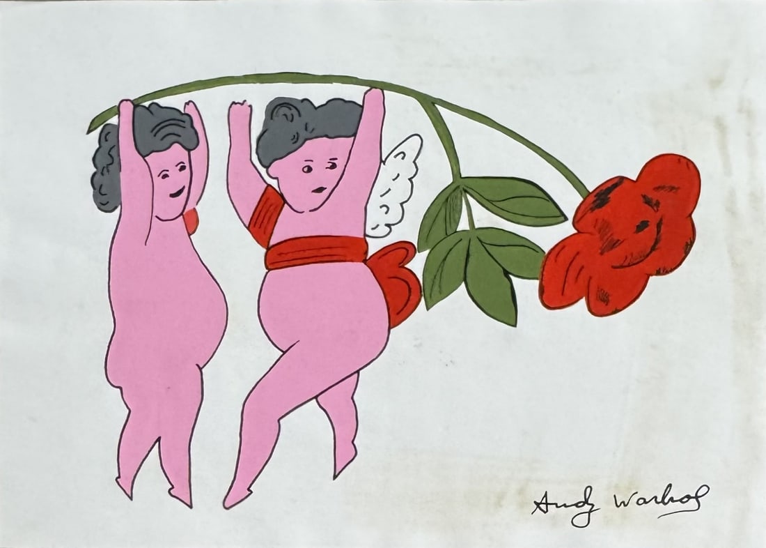 Andy WARHOL (1928-1987), Attribué à. « Deux putti à la rose». Circa 1983.: Andy WARHOL (1928-1987), Attribué à. « Deux putti à la rose». Circa 1983. Dessin au marqueur et peinture sur papier. Signé en bas vers à droite. Porte différent