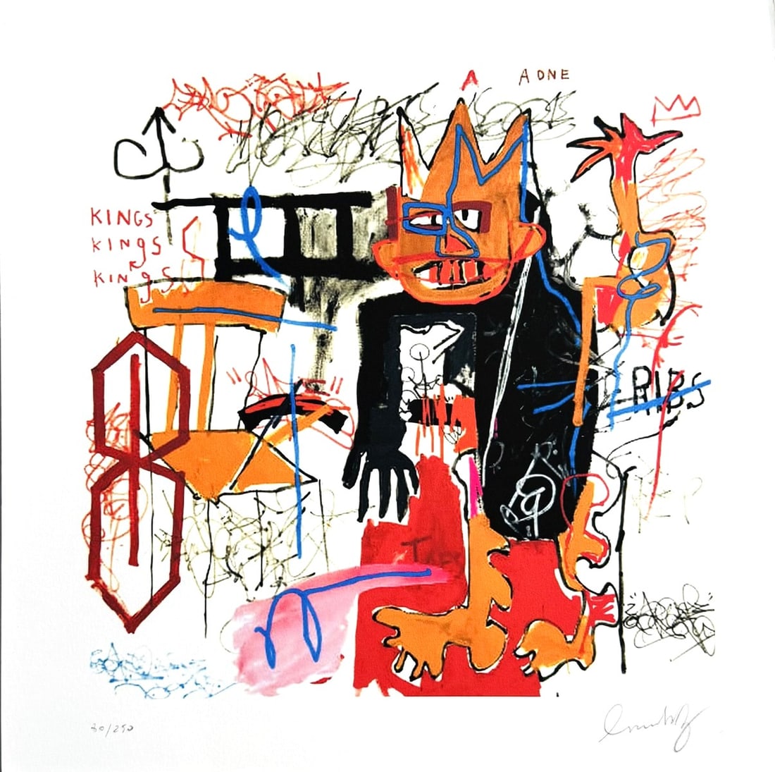 Jean-Michel BASQUIAT (1960-1988), d'Après. Sans titre, circa 1982. Lithographie en couleur sur: Jean-Michel BASQUIAT (1960-1988), d'Après. Sans titre, circa 1982. Lithographie en couleur sur papier vélin. Signé en bas à droite et numéroté 80/250. Cachet JMB New York