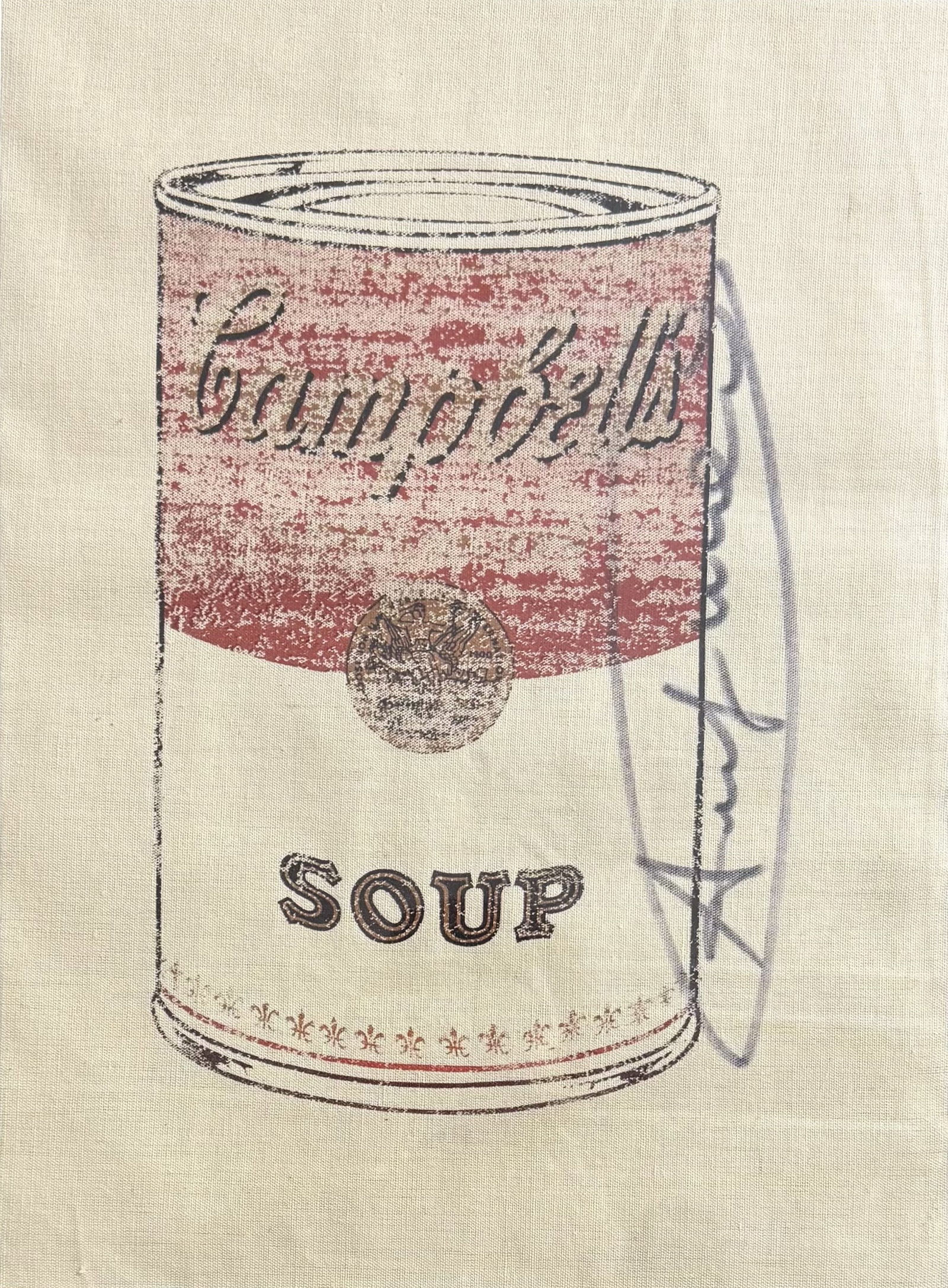Andy WARHOL (1928-1987), D’Après. Campbell’s Soup.: Andy WARHOL (1928-1987), D’Après. Campbell’s Soup. Sérigraphie sur tissu, signée au marqueur. Cachet de la signature au dos. 38 x 28 cm