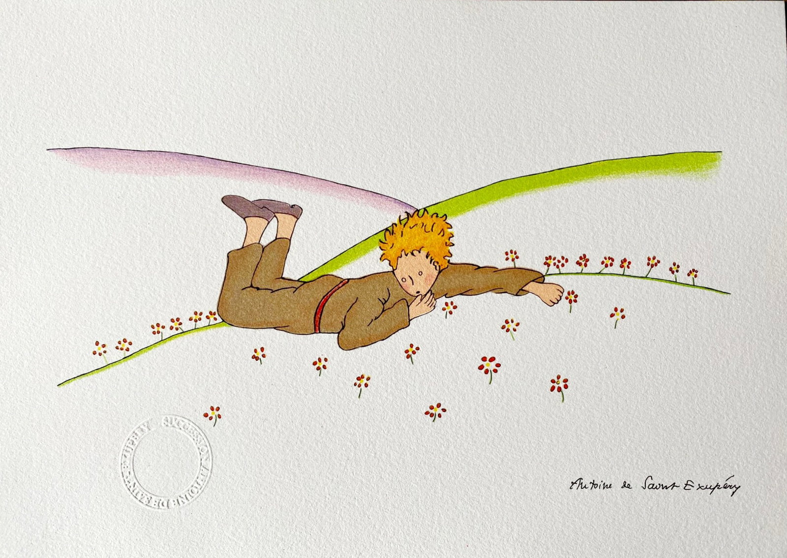 Antoine de Saint-Exupéry (after) - Le Petit Prince parmi les fleurs (The Little Prince Lying On: Antoine de Saint-Exupéry (after) - Le Petit Prince parmi les fleurs (The Little Prince Lying On The Grass)Lithographie en couleurs sur papier BFK Rives.D’après l'aquarelle originales d