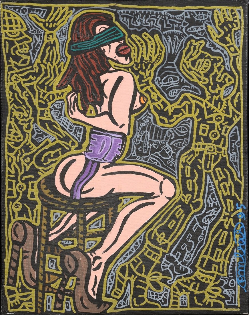 Robert COMBAS (Né en 1957) Cache-Cache,1995 Huile sur: Robert COMBAS (Né en 1957) Cache-Cache,1995 Huile sur toile, signée en bas vers la droite et datée 95. 35 x 27 cm Provenance : Vente Mes Collignon-Laurent, 20 mars 1999, Soissons, sous le n°138. C