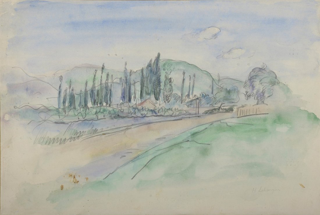 Henri LEBASQUE (1865-1937) Paysage aux cyprès Aquarelle: Henri LEBASQUE (1865-1937) Paysage aux cyprès Aquarelle sur papier, signée en bas à droite 31 x 46 cm