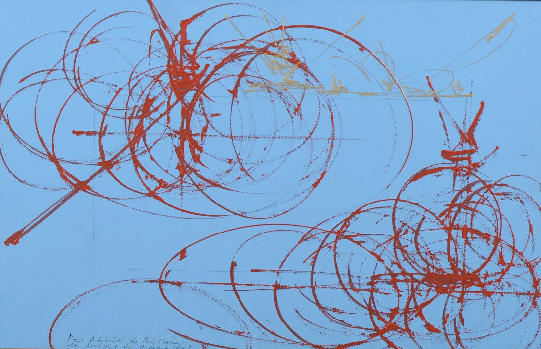 Georges MATHIEU (1921-2012) Composition rouge et or sur: Georges MATHIEU (1921-2012) Composition rouge et or sur fond bleu, 1997 Huile et technique mixte sur papier marouflé sur toile, signée, dédicacée et datée en bas à gauche 37.5 x 57.5 cm - 143/4