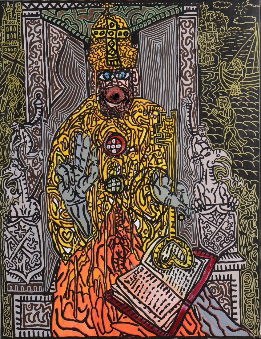 Robert COMBAS (Né en 1957) Le genre de type qu’on voit: Robert COMBAS (Né en 1957) Le genre de type qu’on voit sur les icônes, un saint quelque chose !? - 1995. Acrylique sur toile, signée en bas à droite et datée en bas à gauche 116 x 89 cm L'oeuv