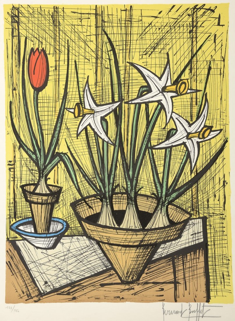 BUFFET Bernard (1928-1999) Jonquilles et tulipes, circa: BUFFET Bernard (1928-1999) Jonquilles et tulipes, circa 1990 Lithographie en couleurs, épreuve signée en bas à droite et numérotée 133/150 76 x 58,2 cm (29,48 x 22,70 in.)