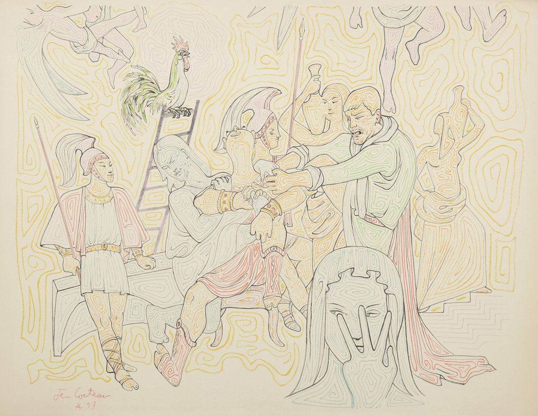 COCTEAU Jean (1889-1963) Projet pour le plafond de la: COCTEAU Jean (1889-1963) Projet pour le plafond de la Chapelle Saint-Pierre de Villefranche-sur-Mer, 1957 Lithographie double page en couleurs, signée dans la planche 55 x 76,5 cm