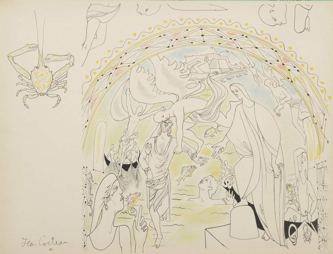 COCTEAU Jean (1889-1963) Projet pour la Chapelle: COCTEAU Jean (1889-1963) Projet pour la Chapelle Saint-Pierre de Villefranche-sur-Mer, Les pêcheurs,1957 Lithographie en couleurs, signée dans la planche 50 x 64 cm
