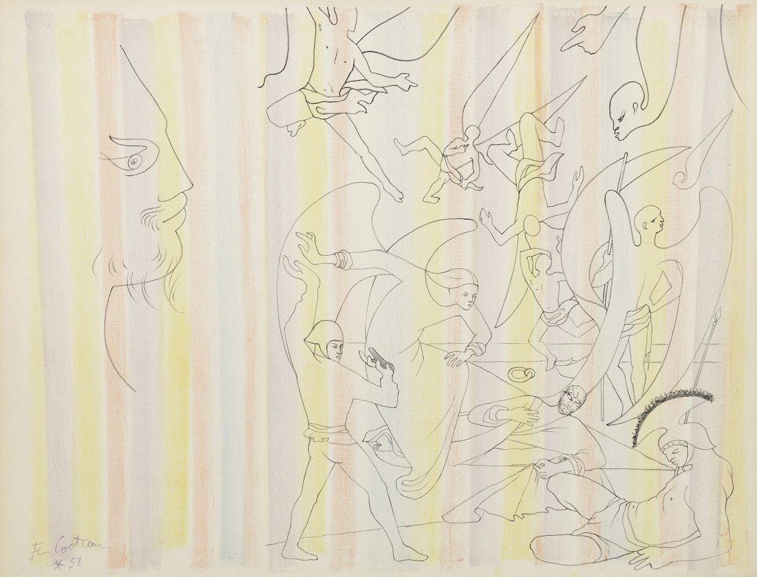 COCTEAU Jean (1889-1963) Projet pour la Chapelle: COCTEAU Jean (1889-1963) Projet pour la Chapelle Saint-Pierre de Villefranche-sur-Mer,1958 Lithographie en couleurs, signée dans la planche en bas à gauche 50 x 68 cm