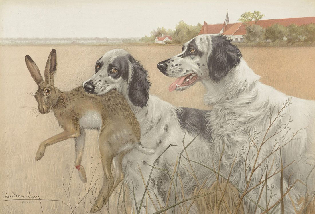 DANCHIN Léon (1887-1938) Chiens de chasse et lièvre: DANCHIN Léon (1887-1938) Chiens de chasse et lièvre Lithographie en couleurs, sans marge, signée au crayon en bas à gauche et numérotée 284 /400 62 x 90 cm