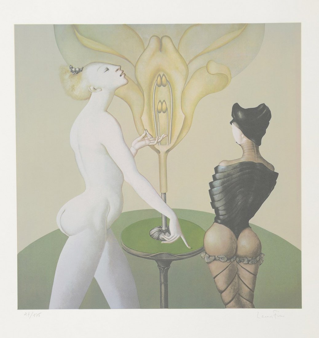 FINI Léonor (1907-1996) Deux femmes et une orchidée: FINI Léonor (1907-1996) Deux femmes et une orchidée Lithographie en couleurs, signée au crayon en bas à droite et numérotée 27/175 67,5 x 52 cm