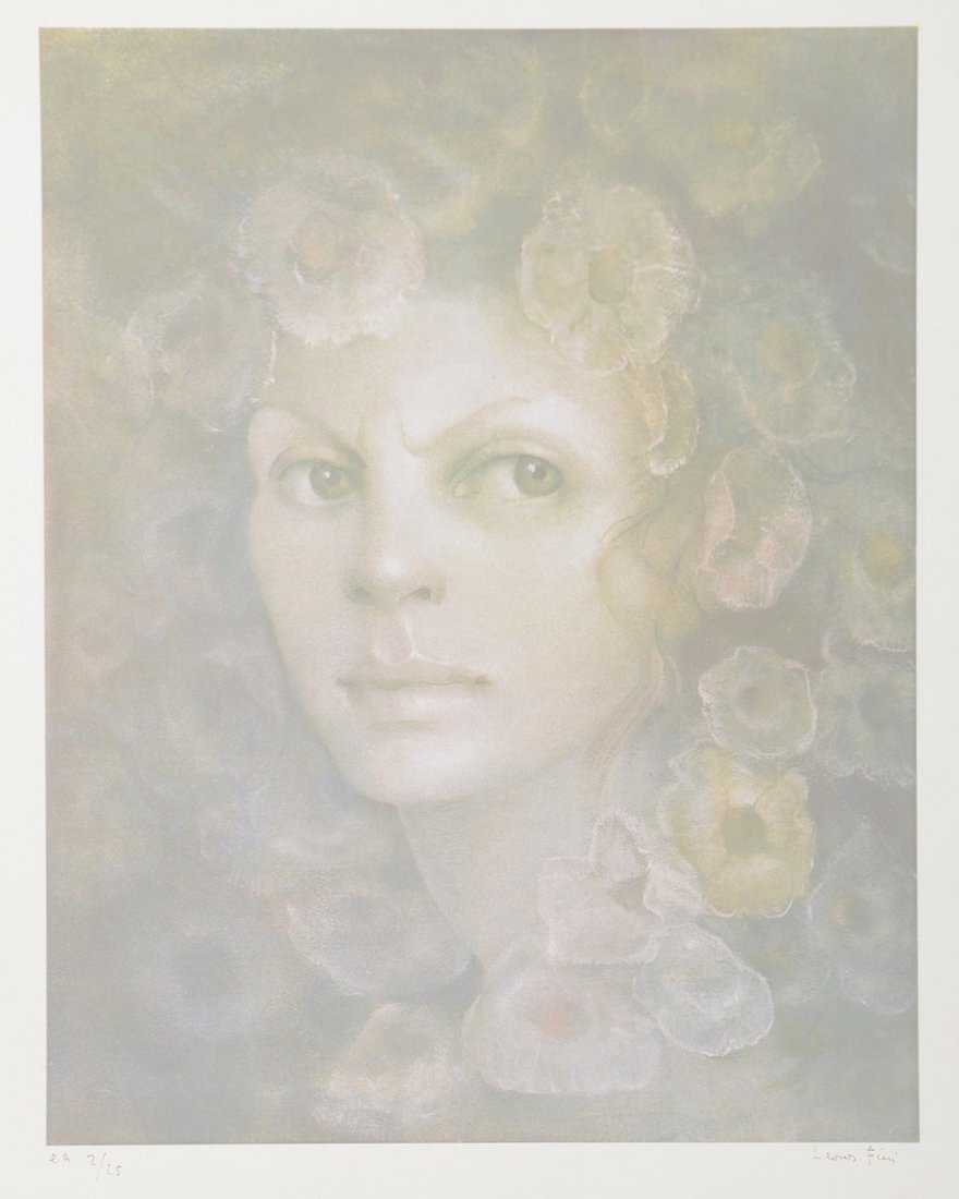 FINI Léonor (1907-1996) Visage de femme aux fleurs: FINI Léonor (1907-1996) Visage de femme aux fleurs Lithographie en couleurs, signée à l'encre en bas à droite, numérotée 2/25, et justifiée Epreuve d’Artiste. Tampon sec de l'atelier. 71,5 x 