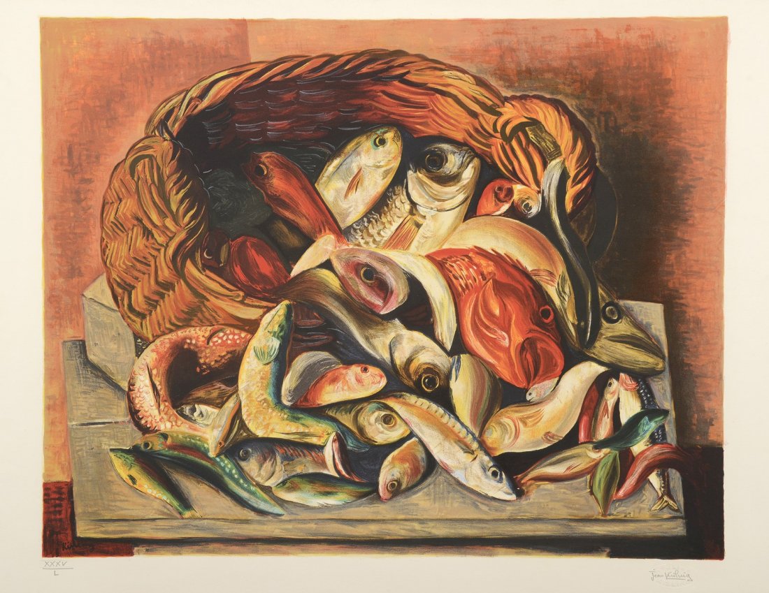 KISLING Moïse (1891-1953) Nature morte aux poissons: KISLING Moïse (1891-1953) Nature morte aux poissons Lithographies en couleurs, signées au crayon par Jean Kisling en bas à droite, numérotée XXXV/L .Editions Jean Kisling. Porte le tampon sec de