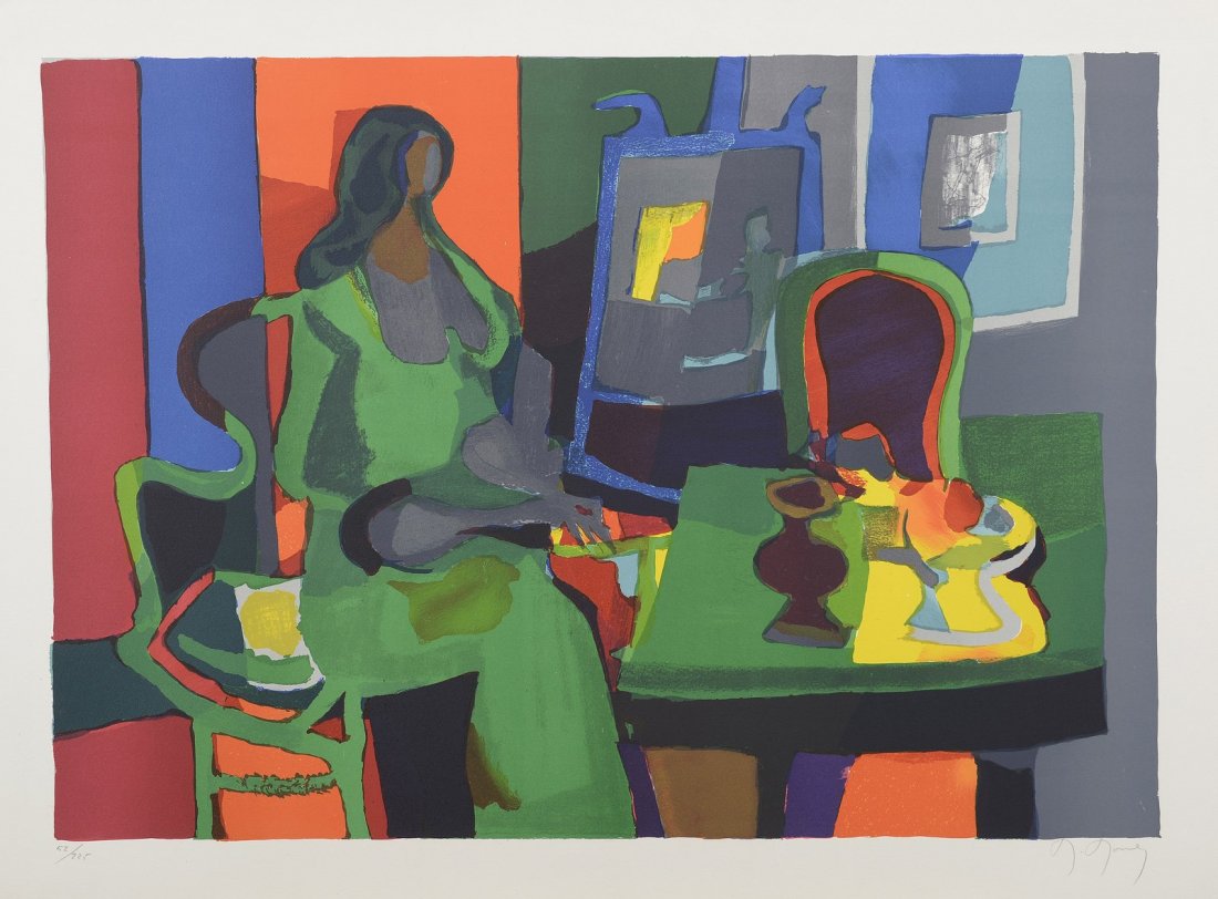 MOULY Marcel (1918-2008) Femme assise dans un intérieur: MOULY Marcel (1918-2008) Femme assise dans un intérieur Lithographie en couleurs, numérotée 52/225, signée au crayon en bas à droite 54 x 74 cm