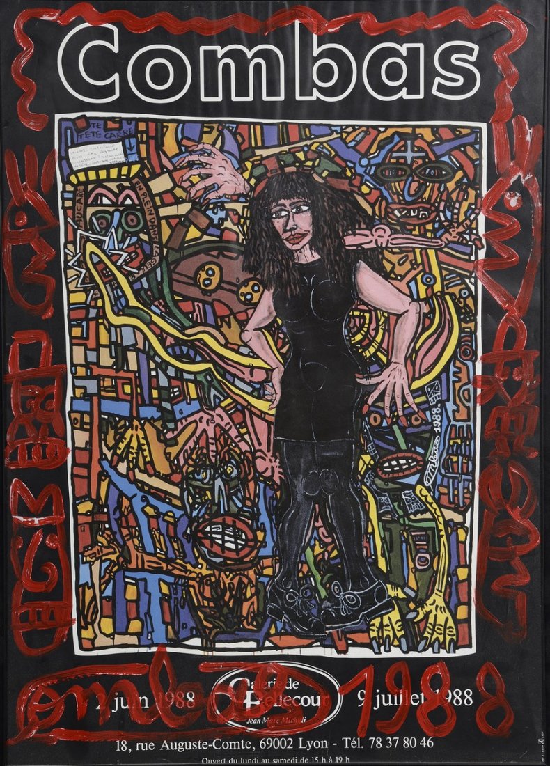 Robert COMBAS (Né en 1957) Sans titre,1988 Affiche: Robert COMBAS (Né en 1957) Sans titre,1988 Affiche lithographique couleur pour l'exposition de la Galerie de Bellecour à Lyon, rehaussée à l'acrylique rouge par l'artiste , signée et datée 70 x