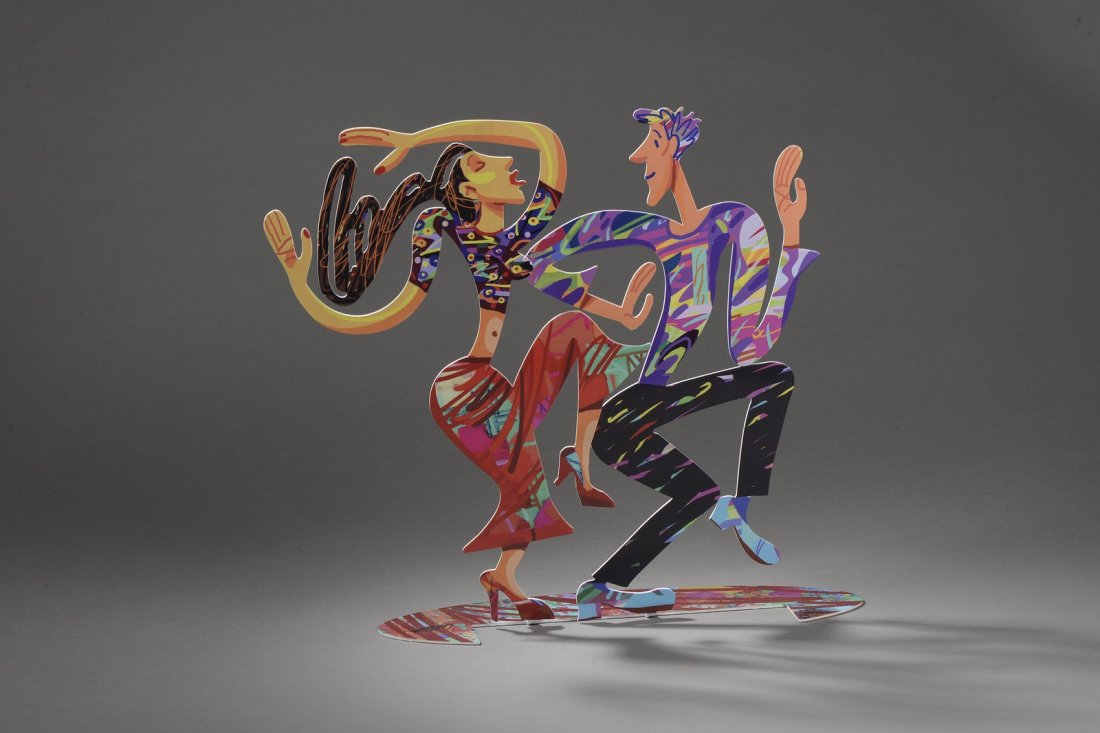 David GERSTEIN (Né en 1944) Dancers Sculpture en métal: David GERSTEIN (Né en 1944) Dancers Sculpture en métal émaillé polychrome et ajouré, assemblées par vis, signé. Haut.: 32 cm