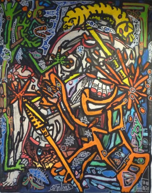 Robert COMBAS (1957): Robert COMBAS (1957) Guerrière.Acrylique sur toile, signée en bas au milieu 150 x 120 cm