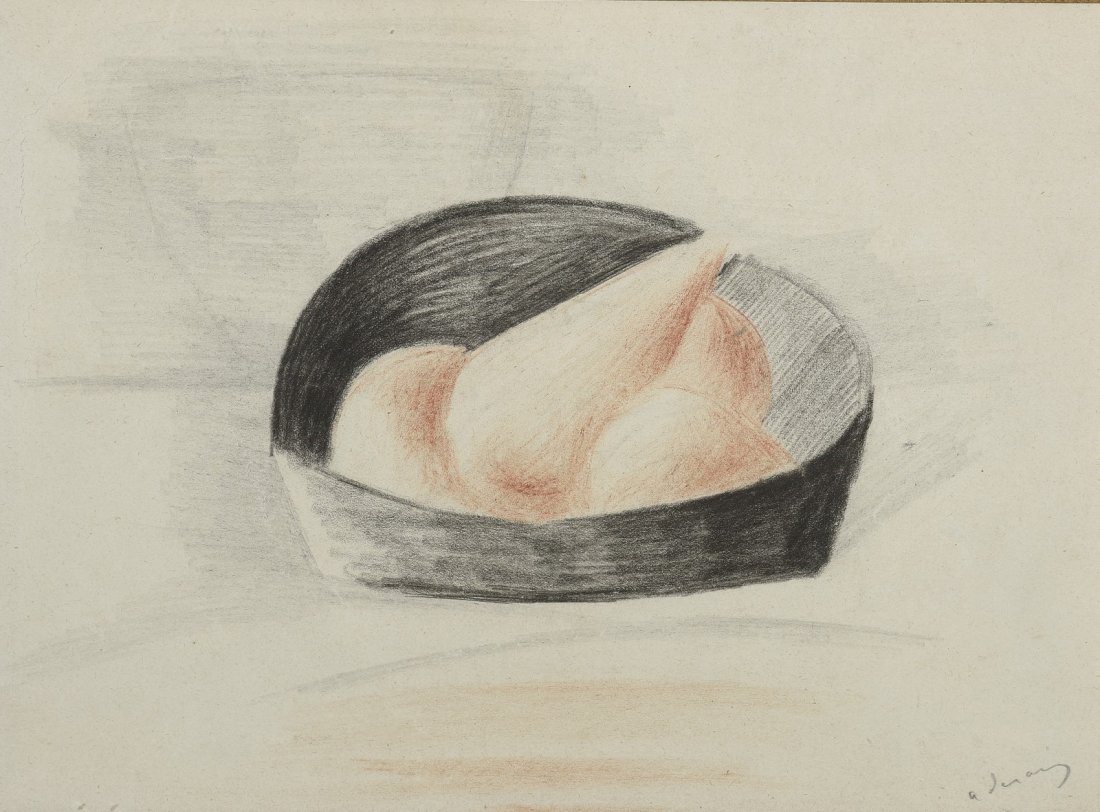 André DERAIN (1880-1954): André DERAIN (1880-1954).Fruits dans un compotier .Sanguine et fusain sur papier .Signée en bas à droite .19,5 x 26,5 cm .Provenance : Vente Hôtel, Drouot, Rieunier & Associés Paris, 27 mars 2006