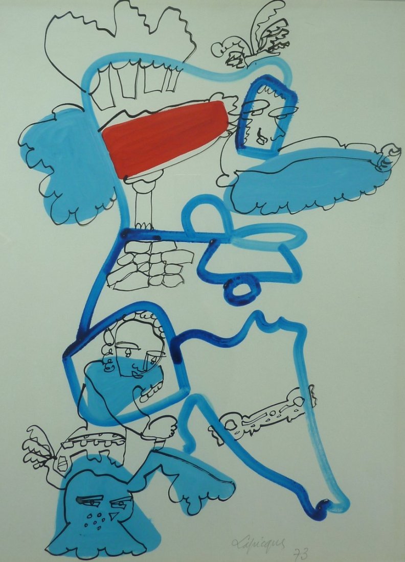 Charles LAPICQUE (1898-1988): Charles LAPICQUE (1898-1988) .Le cheval d'armes.Gouache et encre sur papier, signée en bas vers le milieu.50 x 65 cm