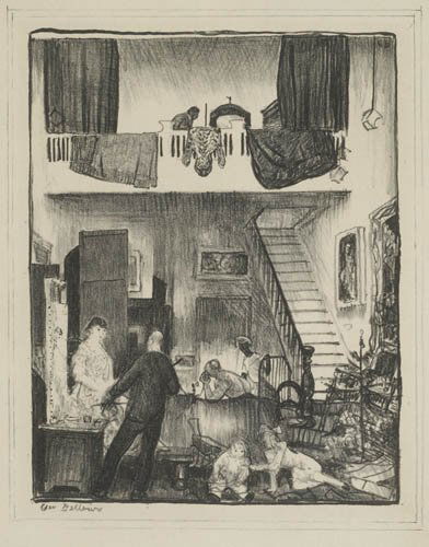 AMERICAN PRINTMAKERS Two prints.: AMERICAN PRINTMAKERS Two prints. GEORGE BELLOWS. The Studio, Christmas, lithograph, 1916. 139x107 mm; 5 1/2x4 1/4 inches, wide margins. Signed in pencil, lower left. Mason 16 * JOHN TAYLOR ARMS. From