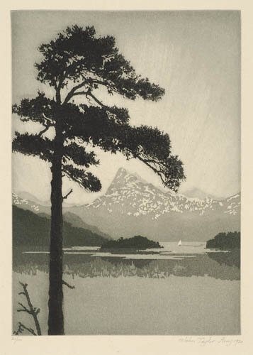 JOHN TAYLOR ARMS Dawn, Lake Como.: JOHN TAYLOR ARMS Dawn, Lake Como. Etching and aquatint printed in blue, gray and black, 1920. 181x130; 7 1/8x5 1/8 inches, full margins. Signed, dated and numbered 20/100 in pencil, lower margin. A su