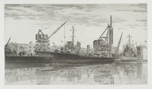 JOHN TAYLOR ARMS Group of 4 etchings.: JOHN TAYLOR ARMS Group of 4 etchings. Battle Wagon--U.S.S. Alabama, 1943. Sixth state (of 6). Edition of 872. Signed, dated and inscribed "VI" in pencil, lower margin * Destroyers in Wet Basin at Fede