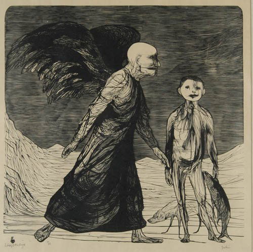 LEONARD BASKIN Three prints.: LEONARD BASKIN Three prints. Tobias and the Angel, woodcut, 1958. Signed, titled and numbered 75/300 in pencil, lower margin * Thomas Eakins, etching and aquatint, 1964. Signed, titled and numbered 8